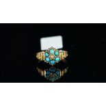 Victorian 15ct gold turquoise and pearl flower cluster ring, mounted in hallmarked 15ct gold,