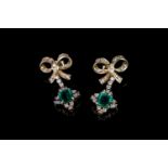 Emerald and diamond bow earrings, 2 emeralds measuring approximately 6 x 6.7mm each, surrounded by 3