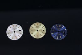 Group of 3 Rolex dials, 1 datejust blue dial 20mm with gold hour markers, 1 date champagne dial 20mm