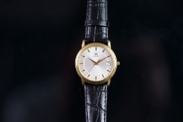 GENTLEMEN'S OMEGA 18CT GOLD DATE WRISTWATCH, circular silver dial with gold baton hour markers and