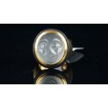 Carved Moonstone heavy dress ring, 18x15mm carved moonstone, stepped border with black rubber