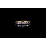 5 stone diamond ring, 5 diamonds in a collet setting, 18ct yellow gold and platinum, finger size P