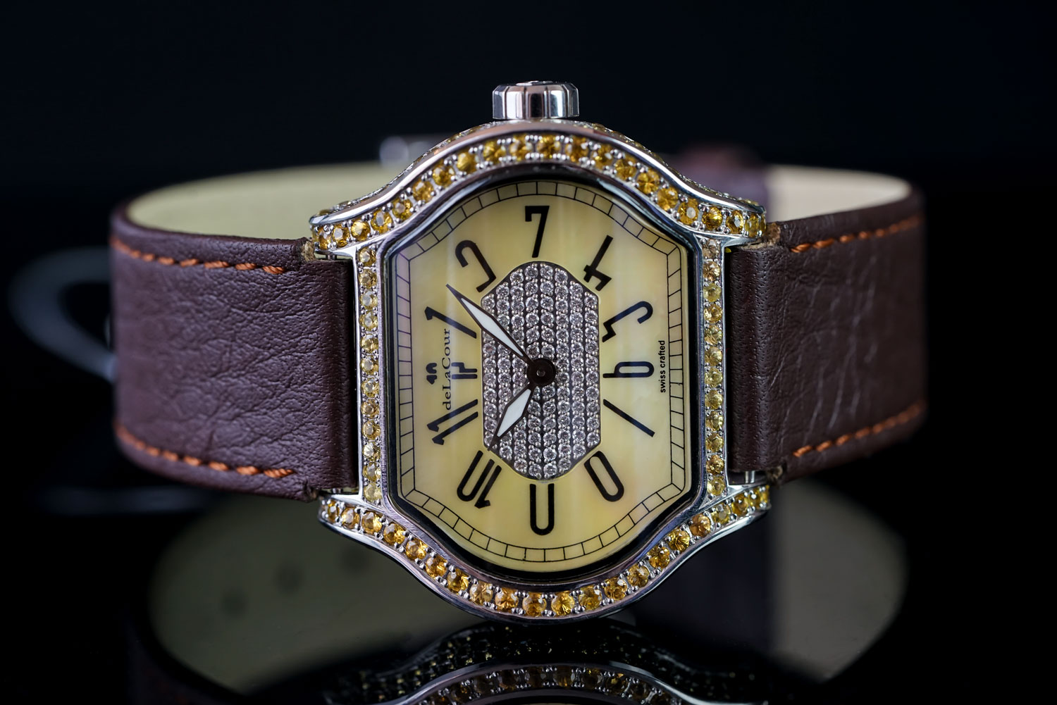 LADIES DELACOUR, DE LA COUR YELLOW DIAMOND WATCH LTD EDITION NO489, tonneau, yellow dial set with