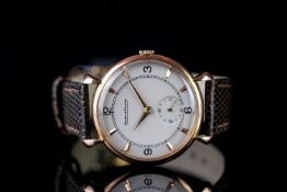 GENTLEMEN'S GOLD JAEGAR LE COULTRE VINTAGE DRESS WATCH, round , white dial with gold hands, black
