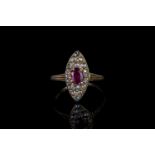 Ruby and diamond marquise shaped panel ring, 1 ruby in the centre, surrounded by 18 rose cut
