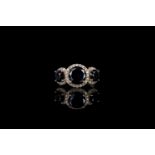 Black and white diamond trilogy halo ring, 3 round brilliant cut black diamonds estimated 3.60ct,