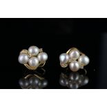 Pair of pearl and diamond? earrings, total of 8 pearls, total of 10 round brilliant cut diamonds,