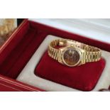 LADIES ROLEX OYSTER PERPETUAL DATEJUST 18CT GOLD WOOD DIAL WRISTWATCH W/ BOX PAPERS & TAGS CIRCA