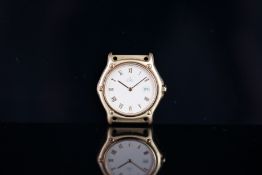 MID SIZE EBEL 18CT GOLD DATE WRISTWATCH, circular cream dial with gold roman numerals and a date