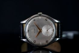 GENTLEMEN'S OMEGA OVERSIZE WRISTWATCH, circular off silver dial with rose gold arabic numerals and