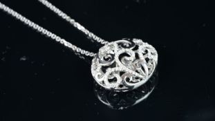 NEW OLD STOCK, 18ct white gold diamond pendant, scroll work open cage, diamond detail, estimated