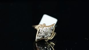 Fancy navette shaped diamond ring, mounted in yellow metal stamped 14k, finger size M 1/2, gross