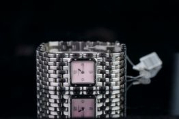 LADIES CARTIER PANTHERE RUBAN 2420 SN 65756 PB, square, pink mother of pearl dial with silver hands,