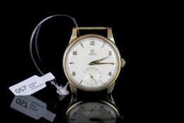 GENTLEMEN'S OMEGA 18CT GOLD WRISTWATCH, circular silver dial with gold arabic numerals and dagger