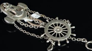19th Century silver chatelaine, nautical design with anchor and ships wheel design, belcher chain