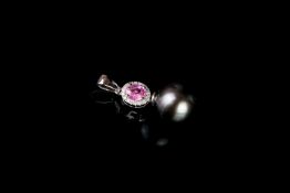 Pearl and sapphire pendant, 1 oval cut pink sapphire estimated 0.47ct, surrounded by 18 round