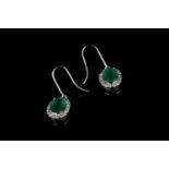 Pair of emerald and diamond sheppard hook earrings, 2 oval cut emeralds estimated 2.31ct, surrounded