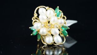 Pearl, emerald and diamond cocktail ring, mounted in yellow metal stamped with 14k, finger size Q,