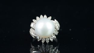 Large pearl and diamond fancy cocktail ring, mounted in white metal stamped 18K, large white pearl