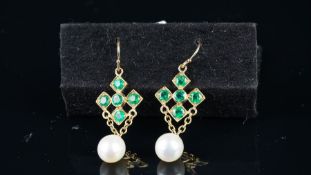 NEW OLD STOCK, Emerald and pearl drop earrings, five round cut emerald with a 7.5mm pearl