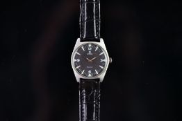 GENTLEMEN'S OMEGA GENEVE DATE WRISTWATCH, circular black dial with luminous green hour markers and
