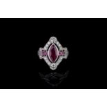 Ruby and diamond ring, 1 marquise cut ruby estimated 1.34ct, 2 baguette cut rubies estimated 0.32ct,