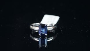 Single stone blue sapphire ring, single emerald cut sapphire approximately 1.25 ct, four claw set,