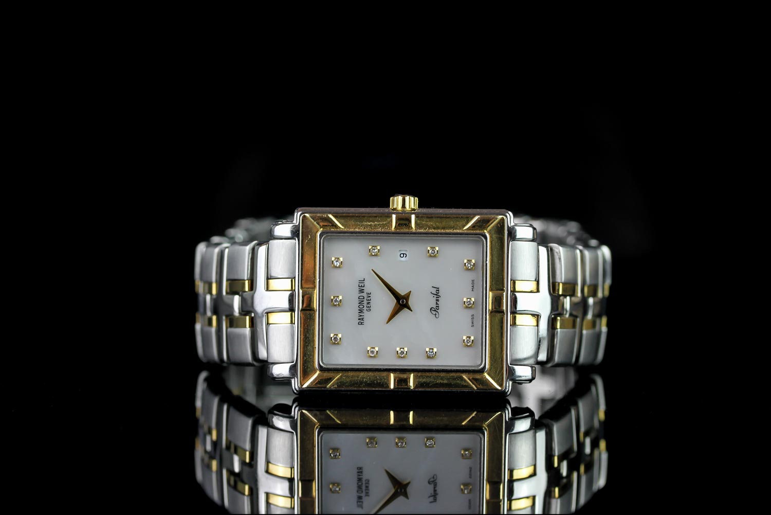 GENTLEMEN'S RAYMOND WEIL PARSIFAL WRISTWATCH REF 9330, rectangular mother of pearl dial with diamond