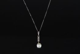 Pearl and diamond set pendant, in white metal stamped 585 to the halter, on a white metal chain