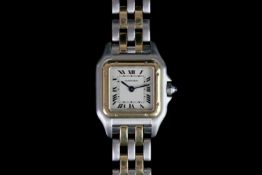 LADIES CARTIER PANTHERE BI METAL WRISTWATCH, square off white dial with black roman numerals and gun