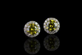 Pair of Diamond cluster earrings, set with 2 fancy intense greenish yellow diamonds totalling 1.34