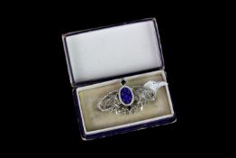 SILVER ENAMEL LATE VICTORIAN BROOCH SET WITH 2 SAPPHIRES, estimated size 40mm x 20mm, not hallmarked