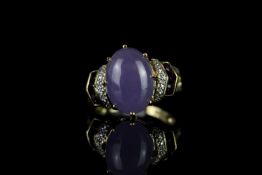 Lavender jade, amethyst and diamond cluster ring, cabochon cut lavender jade stone set to the