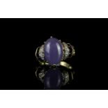 Lavender jade, amethyst and diamond cluster ring, cabochon cut lavender jade stone set to the