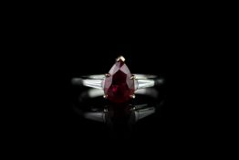 Ruby and Diamond ring, set with 1 pear shape ruby totalling 1.64ct, 2 baguette cut diamonds set to
