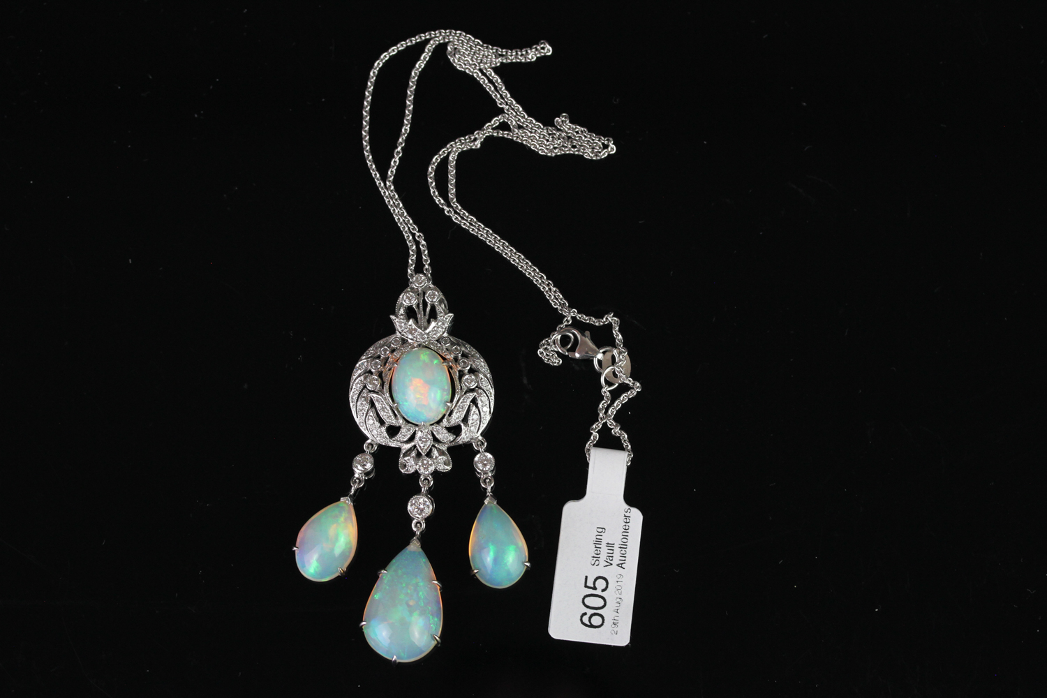 Opal and diamond necklace, centre cabochon cut opal approximately 10.5mm x 8mm, claw set within a - Image 3 of 3