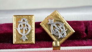 Mid 20th Century bi-colour cufflinks, rectangular yellow gold panels, platinum feature initials,