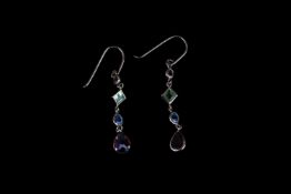 Pair of multi stone drop earrings, set with 4 coloured stones, approximate earring length 3cm,