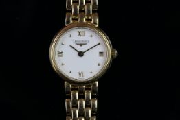 LADIES 18CT LONGINES DRESS WATCH REFERENCE LG.107.6, circular white dial, dot and Roman numeral hour