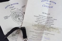 Franck Muller strap and paperwork, black leather strap with 18ct white gold pin buckle, paperwork