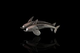SILVER GEORG JENSEN DOUBLE DOLPHIN BROOCH,estimated 40 x 20 mm, not hallmarked , stamped 925, weight