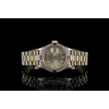 LADIES ROLEX OYSTER PERPETUAL DATEJUST 18CT GOLD DIAMOND & RUBY SET WRISTWATCH REF. 69178,