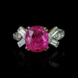 Burma pink sapphire and diamond ring, mounted in white metal with French import marks for 18ct and