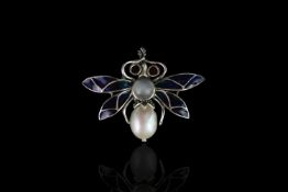 SILVER PEARL PLIQUE A JOUR ENAMEL BUG BROOCH, stamped 925 , total weight 6.46 gms.