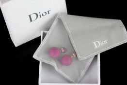 Pair of Dior Tribales earrings w/ box, pink spheres, approximate length 1 inch, comes with Dior