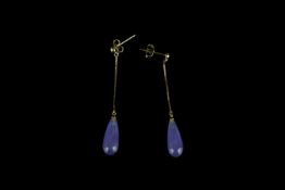 Pair of Lavender Jade drop earrings, set with 2 lavender jade stones, hallmarked 9ct yellow gold