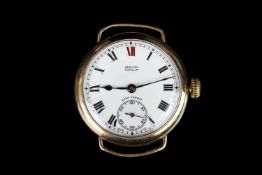 GENTLEMEN'S LONGINES SERMON TORQUAY 9CT GOLD VINTAGE TRENCH WATCH, white dial with roman numerals,