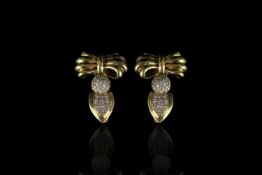 Diamond set bow drop earrings, 18ct yellow gold bow, bombe set diamond drop below, can be worn as