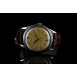 GENTLEMEN'S LONGINES VINTAGE STAINLESS STEEL WRISTWATCH, circular patina dial with gold hour markers