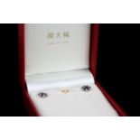 Chow Tai Fook fancy earrings w/ box, blue & white stone set, hallmarked 9ct white gold, 1